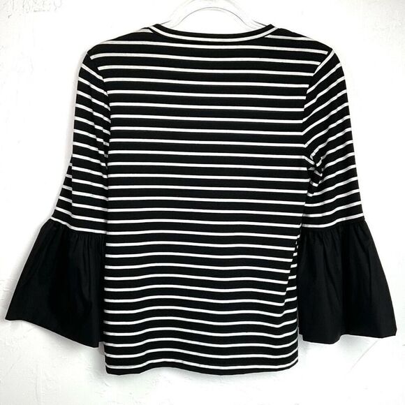 Anthropologie Black White Striped Mixed Media Long Bell Sleeve Top XS - Picture 3 of 5